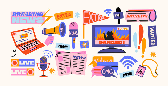 Breaking news sticker set. Media elements, including newspapers, microphones, alerts, and notification banners. Cartoon shapes for journalism and broadcasting concept