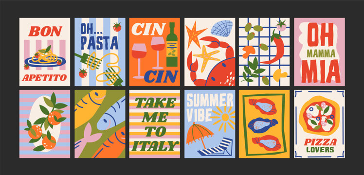 Abstract Italian summer posters in 90s style. Bright compositions: pizza, lemons, cocktails, seafood in cartoon trendy retro style. Decor for kitchens, cafes and restaurants. Minimalist wall banners
