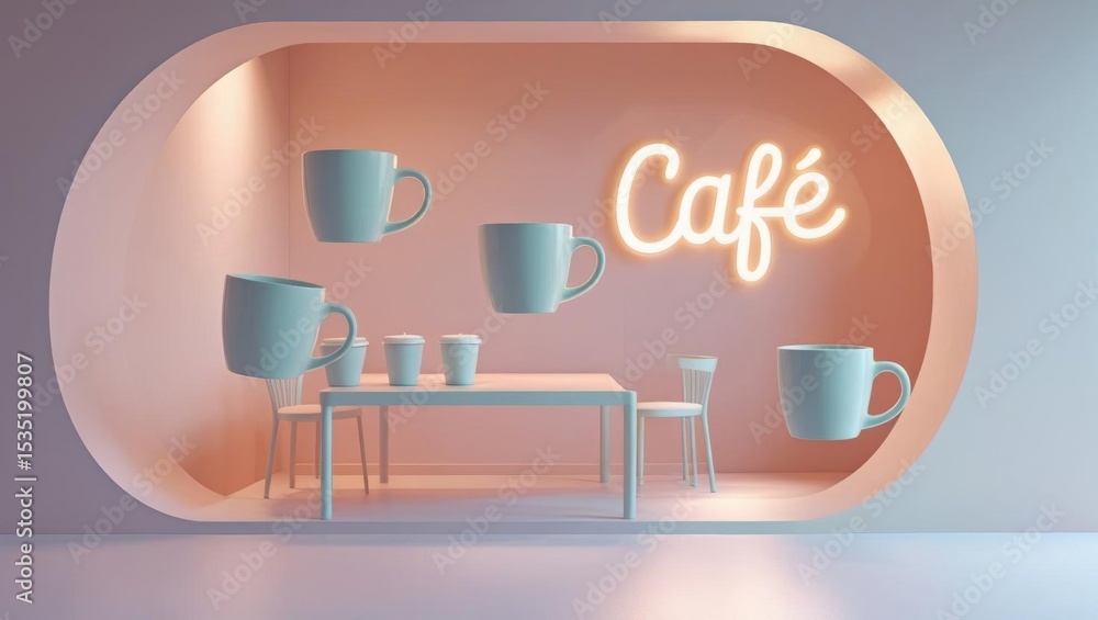 Poster good atmosphere, a modern café display with floating cups and a stylish table setting.
