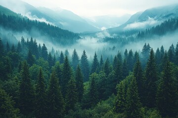 Brumous elevation countryside with mystical fir-tree timberland in haze