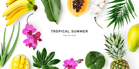 Frame border with tropical fruits, flowers, leaves photography isolated on white background