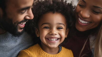 Close-up of adopted child laughing with parents of different ethnicities