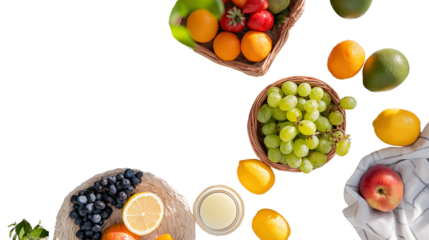 Summer picnic scene - fresh food, checkered blanket, lemonade, and fruits, aesthetic composition, top view, PNG