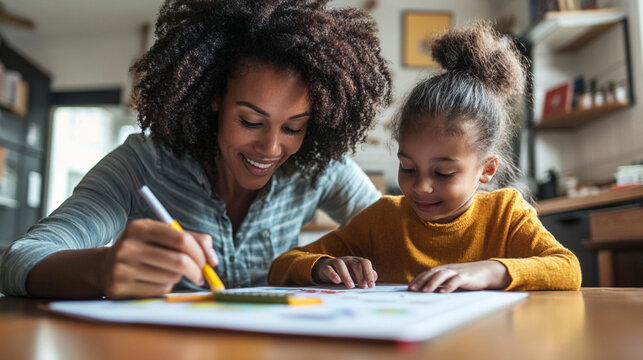 Nonbinary parent helping child with homework at the kitchen table