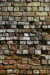 Close-Up Textured Old Brick Wall with Weathered Surfaces and Various Shades