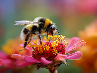A detailed close-up of a bee pollinating a vibrant flower in a summer garden