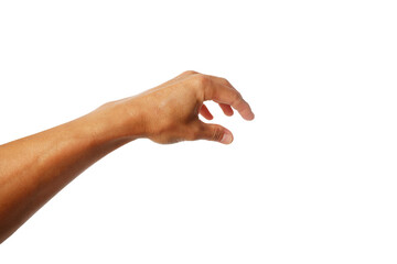 Asian man's hands showing in various gestures on white background.
