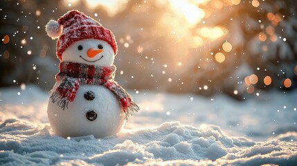 Snowman on snow, christmas winter background with snow and blurred bokeh landscape