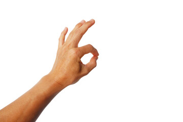 Asian man's hands showing in various gestures on white background.