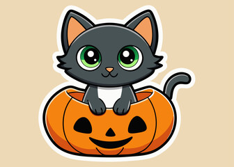 Cute Halloween Sticker Pack. adorable kitten in a pumpkin vector illustration on white background
