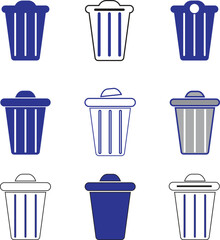 Trash Can Icon Set in Blue and Gray Colors
