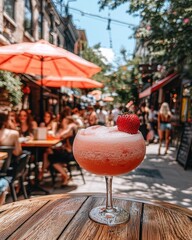 Refreshing summer cocktail served in a vibrant outdoor setting filled with people enjoying a sunny day