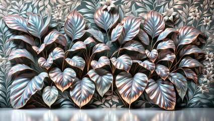  A lush arrangement of iridescent leaves in rose gold, rose, and pearl shimmer creates a dramatic 3D wall of foliage, set against a faded floral wallpaper, exuding sophisticated elegance and tranquil 