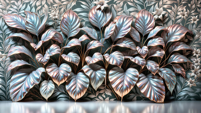  A lush arrangement of iridescent leaves in rose gold, rose, and pearl shimmer creates a dramatic 3D wall of foliage, set against a faded floral wallpaper, exuding sophisticated elegance and tranquil 