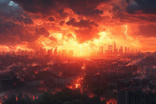 Lightning storm over city, flash over city cataclysm landscape panorama