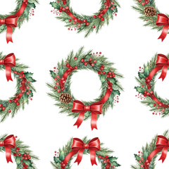 Watercolor Christmas Wreaths with Red Bows Seamless Pattern