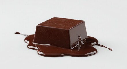 Melting dark chocolate cube on white background