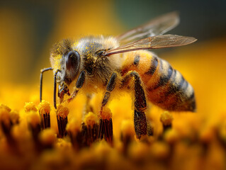 A detailed macro photo of a honeybee on a sunflower, pollen visible, with soft blurred background 