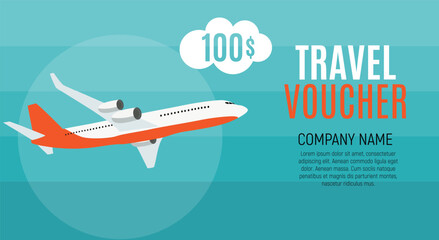 Travel Voucher 100 Dollar Template Background with Airplane. Vector Illustration.eps