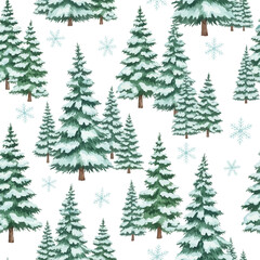 Watercolor Snowy Pine Trees and Snowflakes Seamless Pattern