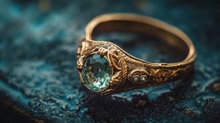 Vintage gold ring with blue gemstone displayed on textured surface in soft natural light