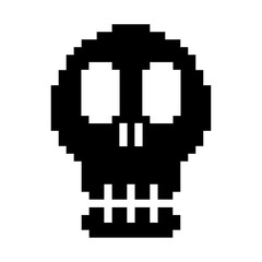 pixel skull icon, The flat design features two large circular eyes and simplified nose and teeth. Suitable for danger symbols, warning signs, or spooky graphic elements.
