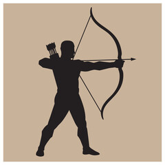 Silhouette of an archer taking aim with a bow and arrow on a tan background