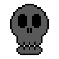 pixel skull icon, The flat design features two large circular eyes and simplified nose and teeth. Suitable for danger symbols, warning signs, or spooky graphic elements.