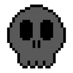 Obraz premium pixel skull icon, The flat design features two large circular eyes and simplified nose and teeth. Suitable for danger symbols, warning signs, or spooky graphic elements.