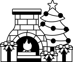 black and white illustration of a fireplace with a Christmas tree and presents