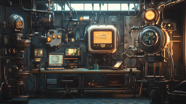 Steampunk Laboratory with Vintage Machinery and Monitors