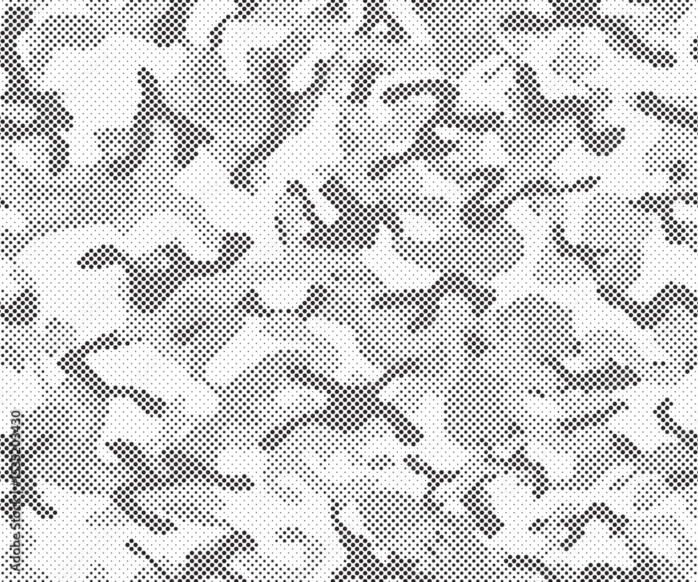 Poster Abstract halftone seamless camouflage pattern. Repeating digital dotted hexagonal camo military texture background. Abstract modern fabric textile ornament. Vector illustration.