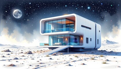 watercolor painting, futuristic two story house with reflective walls, smart glass, lunar plain setting, white background, photorealistic