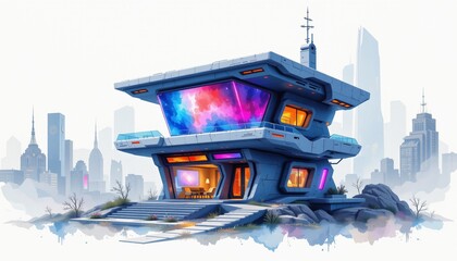 watercolor painting, futuristic two story house with translucent panels, glowing panels, sci fi cityscape setting, white background