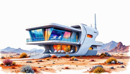 watercolor painting, futuristic two story house with sleek chrome, holographic facade, martian landscape setting, white background