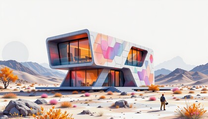 watercolor painting, futuristic two story house with reflective panels, smart panels, lunar plain setting, white background, photorealistic