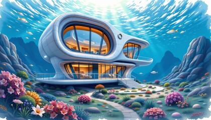 watercolor painting, futuristic two story house with metallic curves, smart windows, underwater dome setting, white background