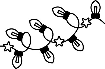 black and white illustration of a string of Christmas lights and stars