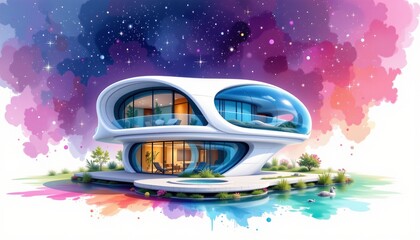 watercolor painting, futuristic two story house with metallic curves, smart glass, underwater dome setting, white background