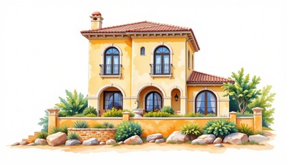watercolor painting, mediterranean two story house with arched windows, ochre plaster, beachfront setting, white background, photorealistic