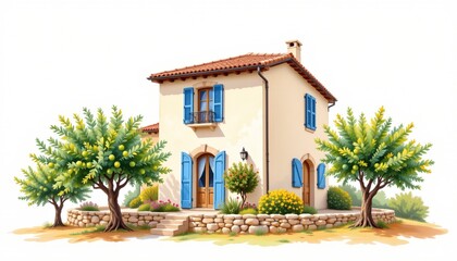 watercolor painting, mediterranean two story house with blue shutters, stucco walls, olive grove setting, white background, photorealistic