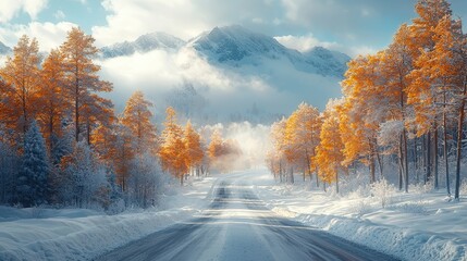 Winter road landscape in beautiful nature travel, winter colors in mountain road scenery
