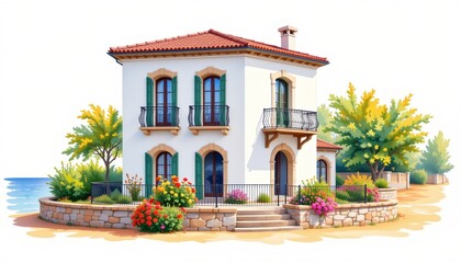 watercolor painting, mediterranean two story house with wrought iron balconies, pastel stucco, seaside setting, white background