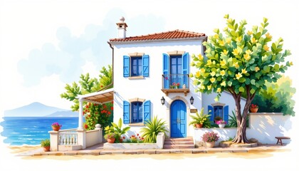watercolor painting, mediterranean two story house with blue shutters, white facade, beachside setting, white background, photorealistic