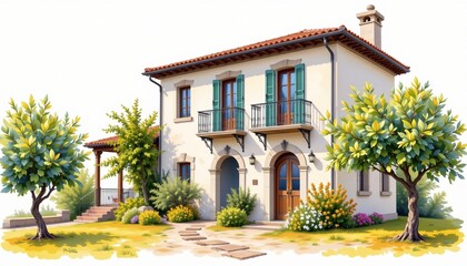 watercolor painting, mediterranean two story house with pastel plaster, wrought iron, olive orchard setting, white background