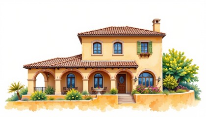 watercolor painting, mediterranean two story house with arched windows, ochre stucco, coastal village setting, white background