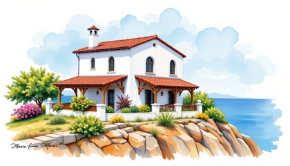 watercolor painting, mediterranean two story house with white stucco, red roof, seaside cliff setting, white background, photorealistic