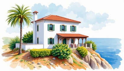 watercolor painting, mediterranean two story house with terracotta roof, white stucco, seaside cliff setting, white background