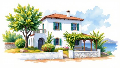watercolor painting, mediterranean two story house with white stucco, red roof, seaside setting, white background, photorealistic