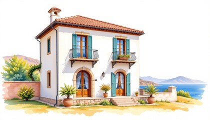 watercolor painting, mediterranean two story house with wrought iron balconies, pastel plaster, coastal plain setting, white background